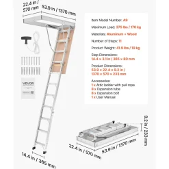VEVOR Aluminum Attic Ladder, Fits 9.8'-10.3'/7.66'-9.8' Ceiling Height, 54