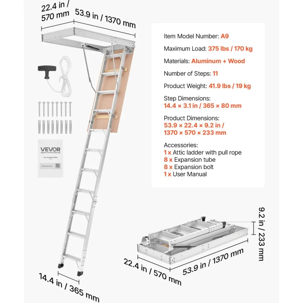 VEVOR Aluminum Attic Ladder, Fits 9.8'-10.3'/7.66'-9.8' Ceiling Height, 54" x 22.5" Opening, 375 lbs Load Capacity, Multi-Purpose Foldable Lightweight and Portable Attic Stairs for Convenient Access