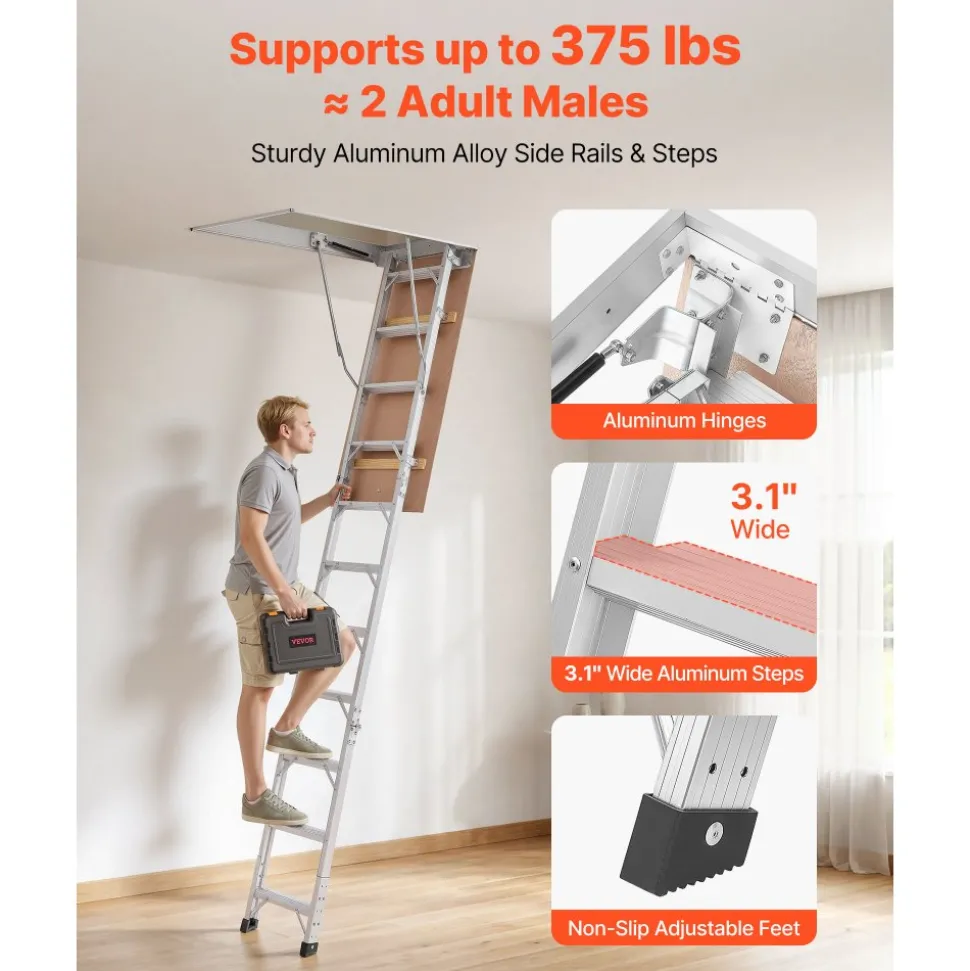 VEVOR Aluminum Attic Ladder, Fits 9.8'-10.3'/7.66'-9.8' Ceiling Height, 54" x 22.5" Opening, 375 lbs Load Capacity, Multi-Purpose Foldable Lightweight and Portable Attic Stairs for Convenient Access