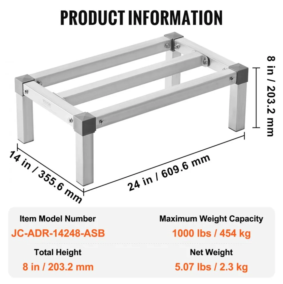 VEVOR Aluminum Dunnage Rack, 24” x 14” Commercial Food Floor Rack, 8” Off the Floor, 1000 lbs Capacity Adjustable Aluminum Storage Rack, for Storage in Restaurants, Kitchens, Garages and Vehicles