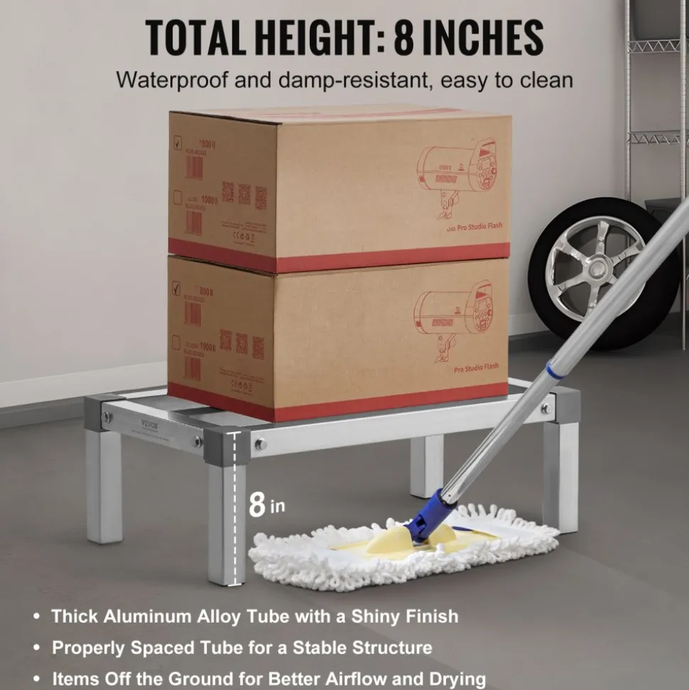 VEVOR Aluminum Dunnage Rack, 24” x 14” Commercial Food Floor Rack, 8” Off the Floor, 1000 lbs Capacity Adjustable Aluminum Storage Rack, for Storage in Restaurants, Kitchens, Garages and Vehicles