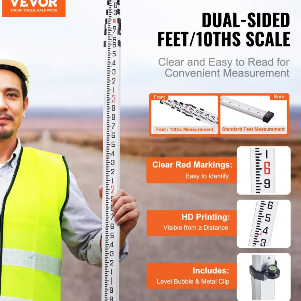 VEVOR Aluminum Grade Rod, 20-Feet/10ths 6 Sections Telescopic Measuring Rod,Double-Sided Scale 1/10ft Leveling Rod Stick, Aluminum Alloy Survey Rod w/ Bubble Level &Carrying Bag for Houses,Walls,Floor