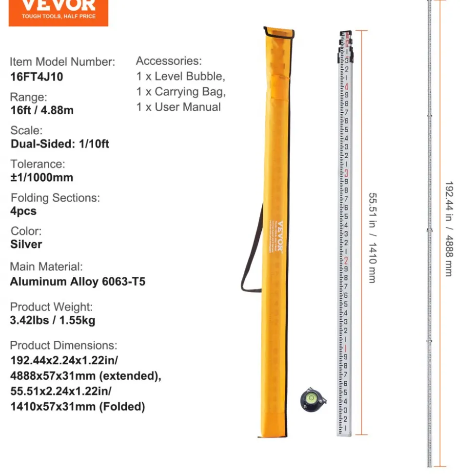 VEVOR Aluminum Grade Rod, 16-Feet/10ths 4 Sections Telescopic Measuring Rod,Double-Sided Scale 1/10ft Leveling Rod Stick,Aluminum Alloy Survey Rod w/ Bubble Level &Carrying Bag for Houses,Walls,Floors