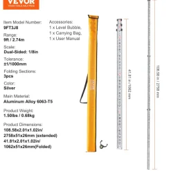VEVOR Aluminum Grade Rod, 9-Feet/10ths 3 Sections Telescopic Measuring Rod,Double-Sided Scale 1/10ft Leveling Rod Stick,Aluminum Alloy Survey Rod with Bubble Level&Carrying Bag for Houses,Walls,Floors