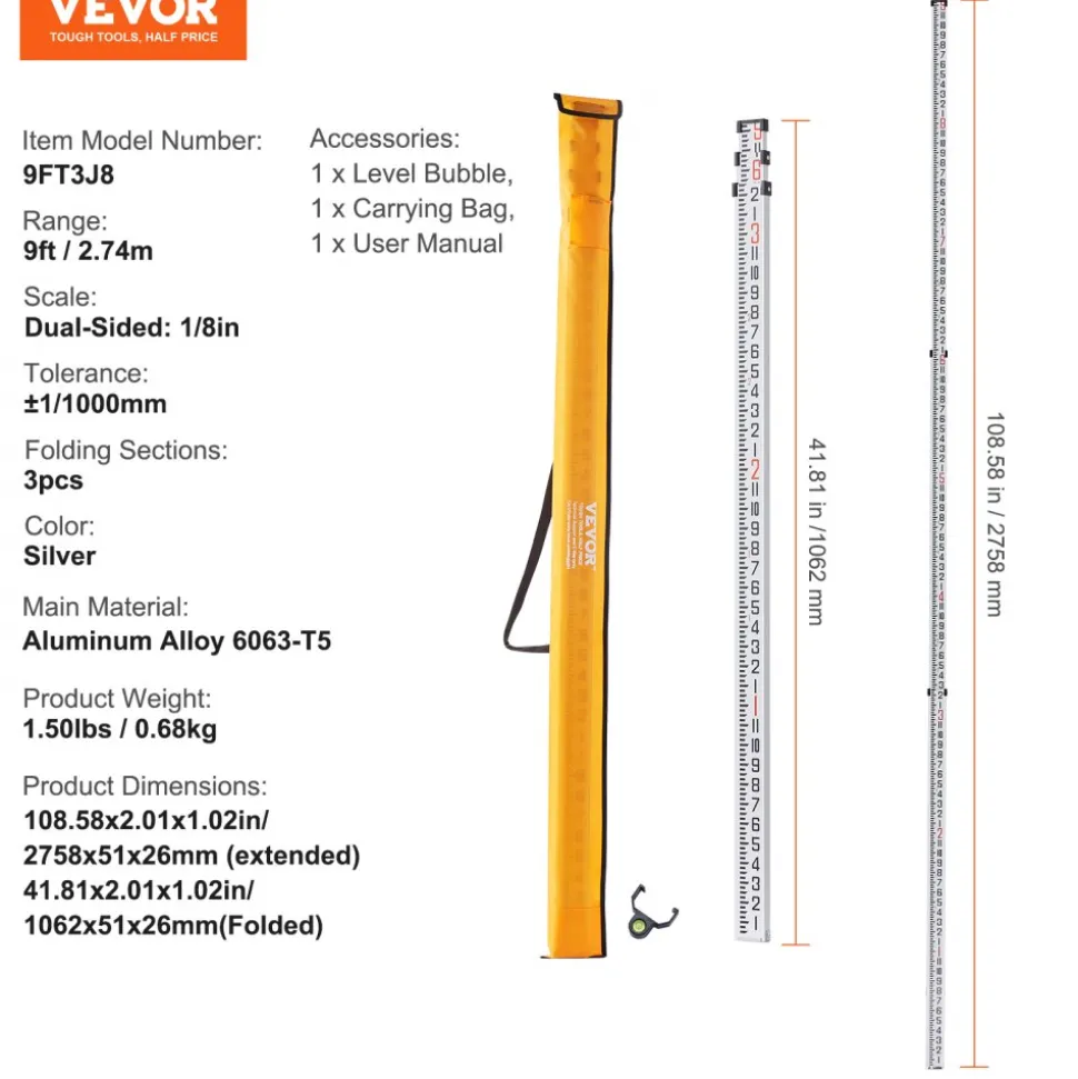 VEVOR Aluminum Grade Rod, 9-Feet/10ths 3 Sections Telescopic Measuring Rod,Double-Sided Scale 1/10ft Leveling Rod Stick,Aluminum Alloy Survey Rod with Bubble Level&Carrying Bag for Houses,Walls,Floors