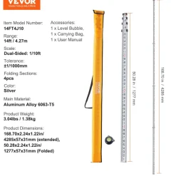VEVOR Aluminum Grade Rod, 14-Feet/10ths 6 Sections Telescopic Measuring Rod,Double-Sided Scale 1/10 ft Leveling Rod Stick,Aluminum Alloy Survey Rod w/ Bubble Level&Carrying Bag for Houses,Walls,Floors