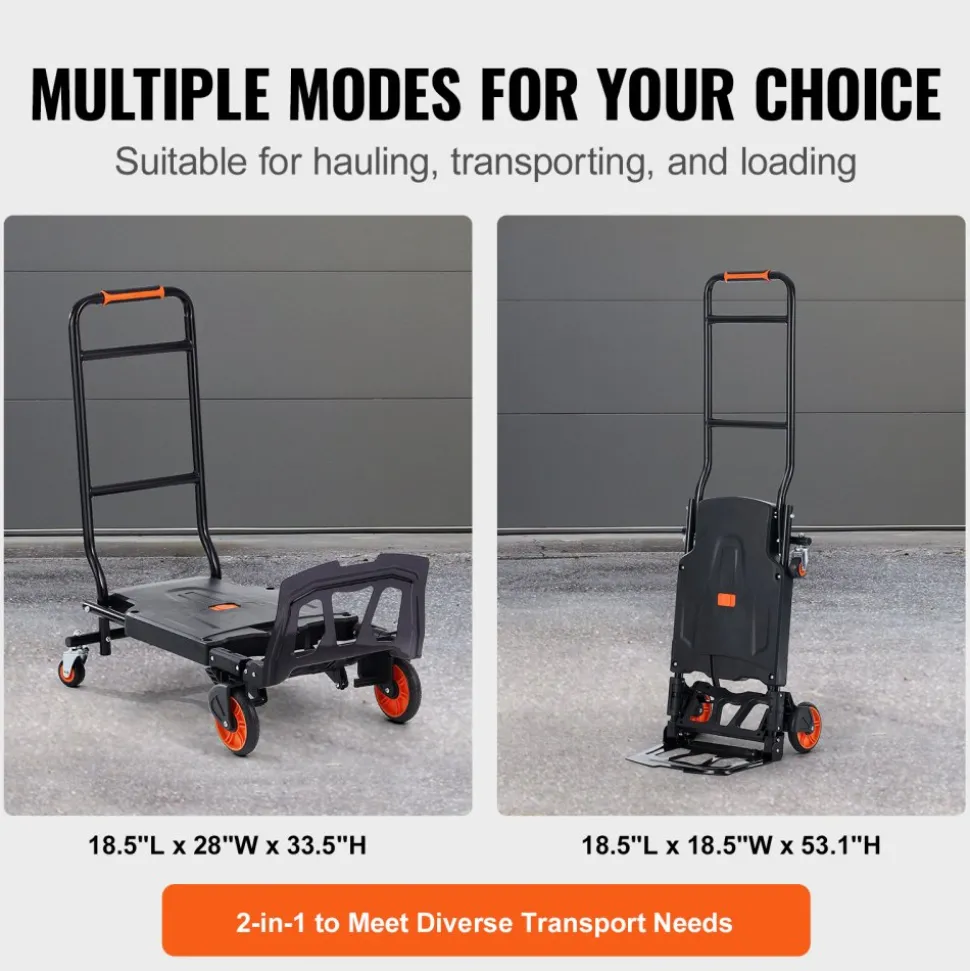 VEVOR Aluminum Hand Truck, 2 in 1, 300 lbs Load Capacity, Heavy Duty Industrial Convertible Folding Hand Truck and Dolly, Utility Cart Converts from Hand Truck to Platform Cart with Rubber Wheels