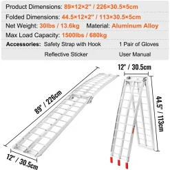 VEVOR Aluminum Ramps, 1500 lbs Folding Loading Ramps for Pickup Trucks Bed, Trailers Ramp with Load Straps for Dirt Bike, UTV, ATV, Trucks, Lawn Mowers, Snowblower, Cargo Trailer, 89