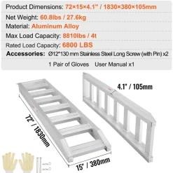 VEVOR Aluminum Ramps, 6800 lbs, Heavy-duty Ramps with Top Hook Attaching End, Universal Loading Ramp for Motorcycle, Tractor, ATV/UTV, Trucks, Lawn Mower, 72
