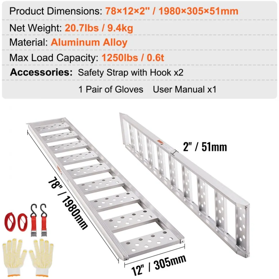 VEVOR Aluminum Ramps, 1250lbs, Straight Ramp with Treads and Load Straps, Portable Loading Ramp for Motorcycles, ATVs, Trucks, Lawn Mower, Dirt Bike, Garden Tractor, 78"L x 12"W, 2Pcs