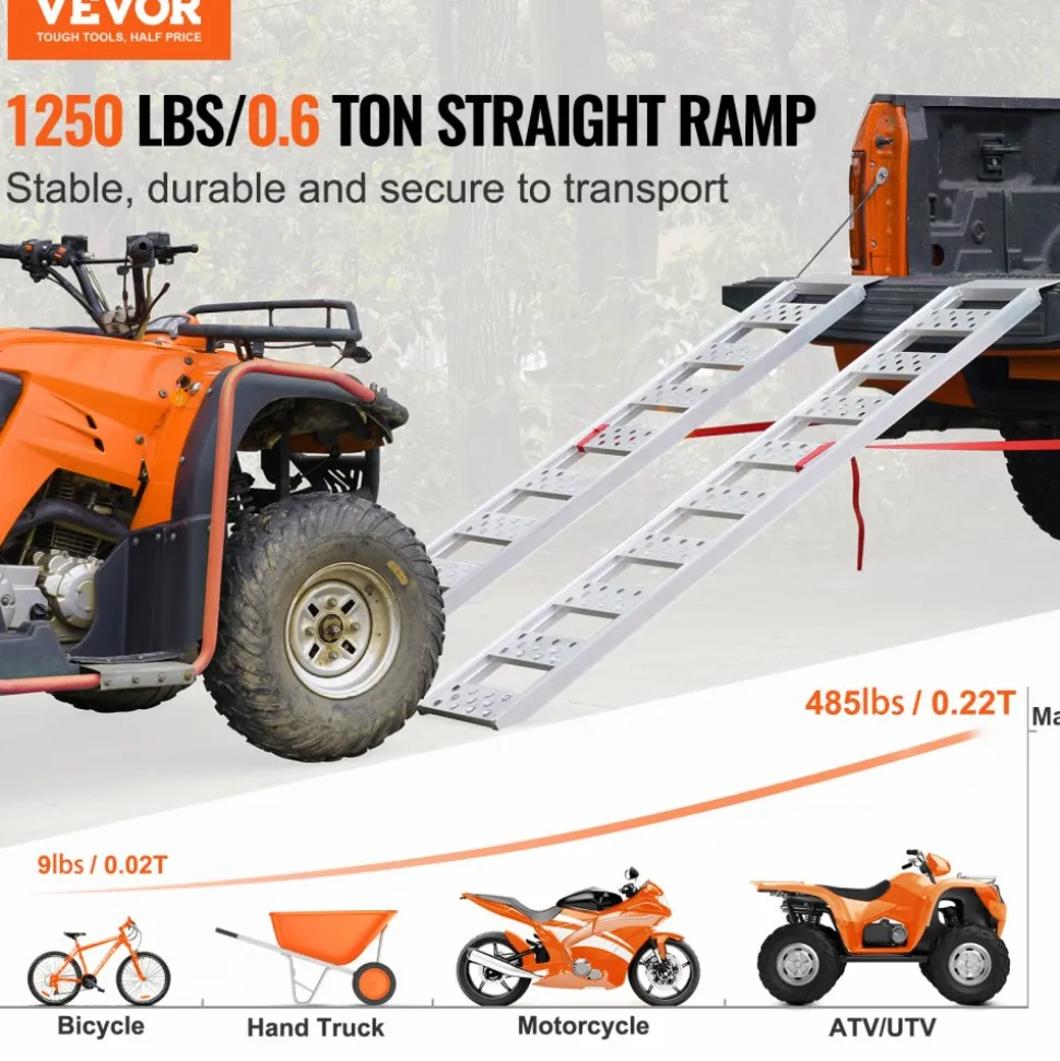 VEVOR Aluminum Ramps, 1250lbs, Straight Ramp with Treads and Load Straps, Portable Loading Ramp for Motorcycles, ATVs, Trucks, Lawn Mower, Dirt Bike, Garden Tractor, 78"L x 12"W, 2Pcs