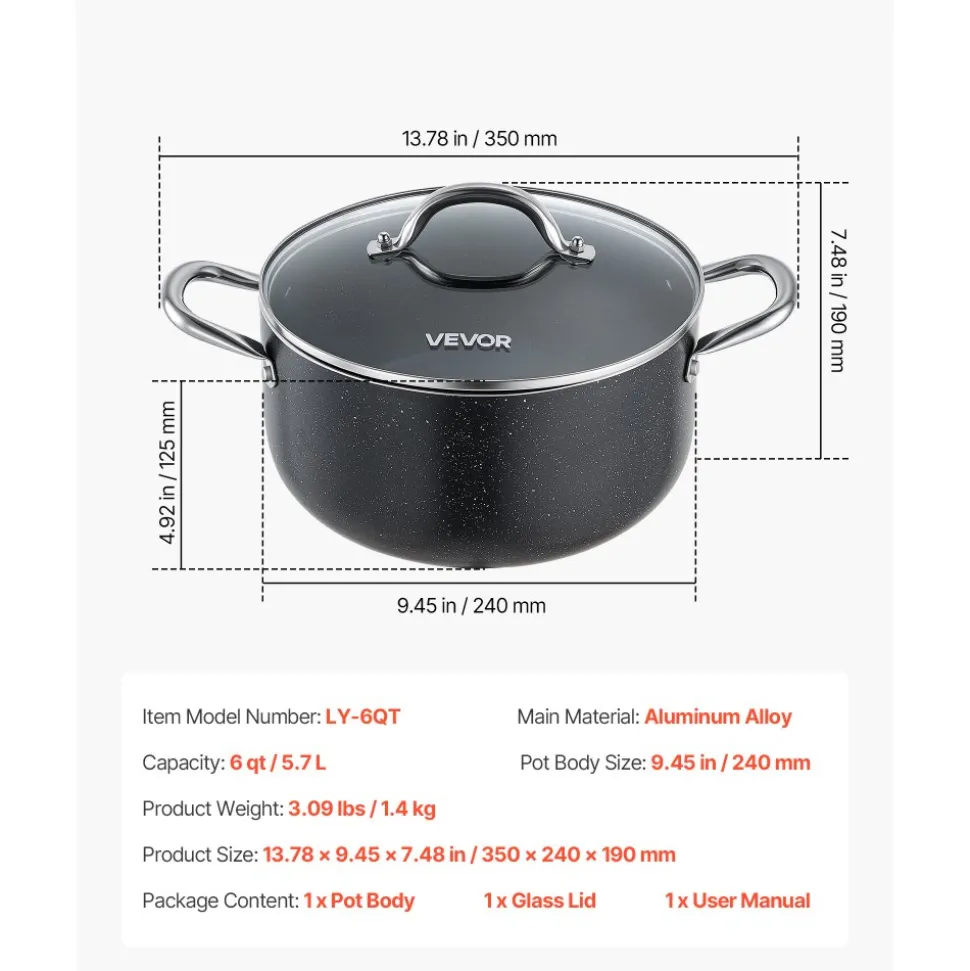 VEVOR Aluminum Stock Pot, 6-Quart Nonstick Ceramic Coated Pot with Glass Lid, PFOA-Free, PFAS-Free, Compatible with Gas Stoves, Induction Cooktops, Electric Stoves, for Soups, Stews, and Pasta