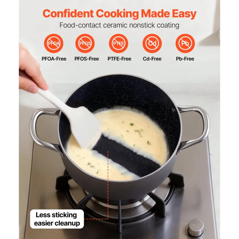 VEVOR Aluminum Stock Pot, 6-Quart Nonstick Ceramic Coated Pot with Glass Lid, PFOA-Free, PFAS-Free, Compatible with Gas Stoves, Induction Cooktops, Electric Stoves, for Soups, Stews, and Pasta