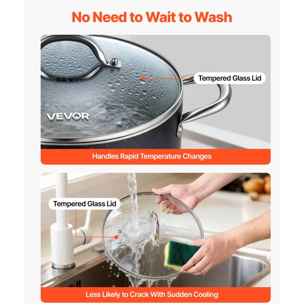 VEVOR Aluminum Stock Pot, 6-Quart Nonstick Ceramic Coated Pot with Glass Lid, PFOA-Free, PFAS-Free, Compatible with Gas Stoves, Induction Cooktops, Electric Stoves, for Soups, Stews, and Pasta