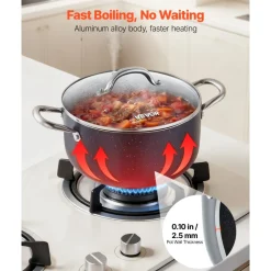 VEVOR Aluminum Stock Pot, 6-Quart Nonstick Ceramic Coated Pot with Glass Lid, PFOA-Free, PFAS-Free, Compatible with Gas Stoves, Induction Cooktops, Electric Stoves, for Soups, Stews, and Pasta