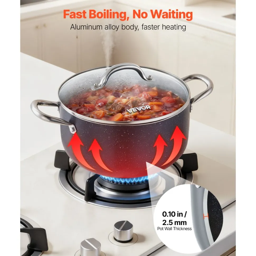 VEVOR Aluminum Stock Pot, 6-Quart Nonstick Ceramic Coated Pot with Glass Lid, PFOA-Free, PFAS-Free, Compatible with Gas Stoves, Induction Cooktops, Electric Stoves, for Soups, Stews, and Pasta