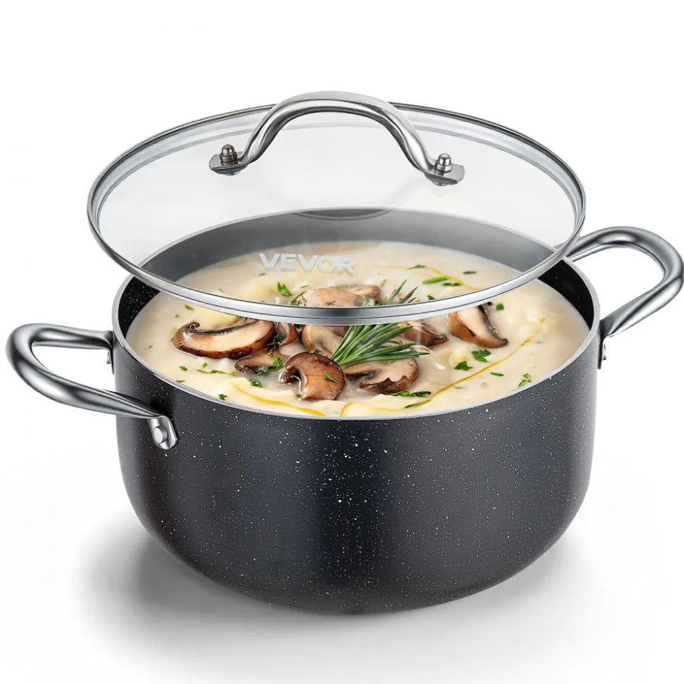 VEVOR Aluminum Stock Pot, 6-Quart Nonstick Ceramic Coated Pot with Glass Lid, PFOA-Free, PFAS-Free, Compatible with Gas Stoves, Induction Cooktops, Electric Stoves, for Soups, Stews, and Pasta