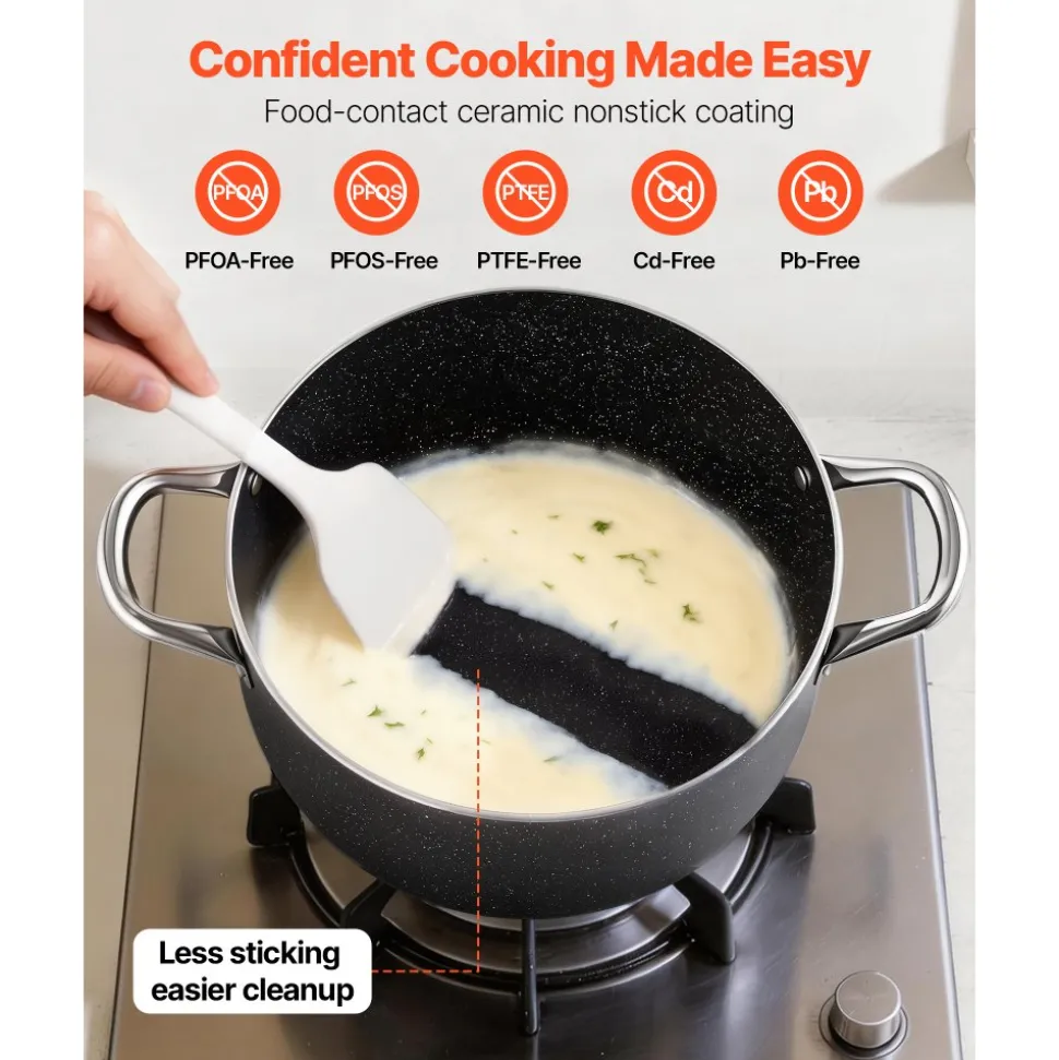 VEVOR Aluminum Stock Pot, 8-Quart Nonstick Ceramic Coated Pot with Glass Lid, PFOA-Free, PFAS-Free, Compatible with Gas Stoves, Induction Cooktops, Electric Stoves, for Soups, Stews, and Pasta