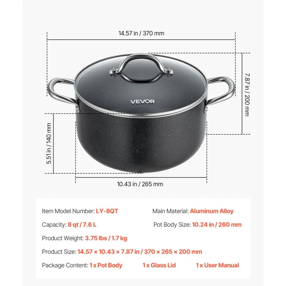 VEVOR Aluminum Stock Pot, 8-Quart Nonstick Ceramic Coated Pot with Glass Lid, PFOA-Free, PFAS-Free, Compatible with Gas Stoves, Induction Cooktops, Electric Stoves, for Soups, Stews, and Pasta