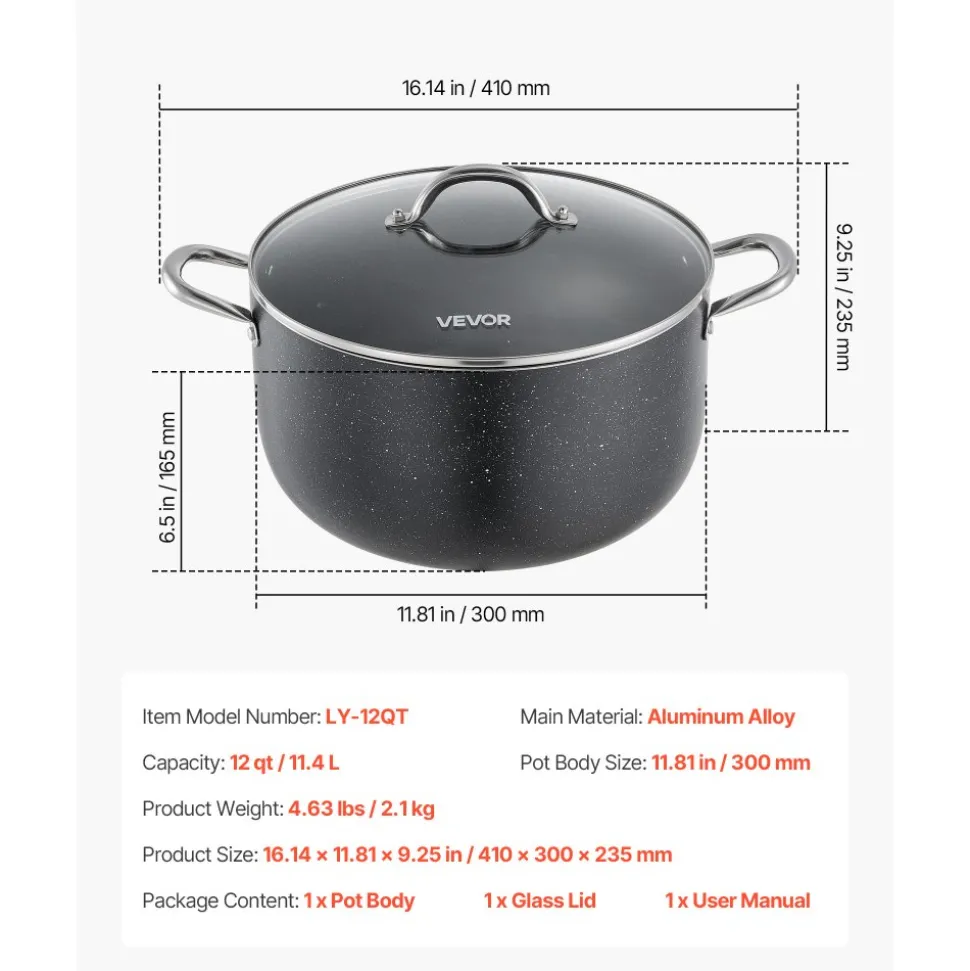 VEVOR Aluminum Stock Pot, 12-Quart Nonstick Ceramic Coated Pot with Glass Lid, PFOA-Free, PFAS-Free, Compatible with Gas Stoves, Induction Cooktops, Electric Stoves, for Soups, Stews, and Pasta