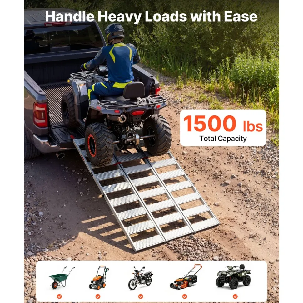 VEVOR Aluminum Trailer Ramps, 76 x 50 in Tri-Folding Truck Ramps with Straps & Non-Slip Rubber Fingers, 1500LBS Capacity ATV Loading Ramps for Pickup Trucks, Motorcycles, Lawn Mowers, Tractors, Carts