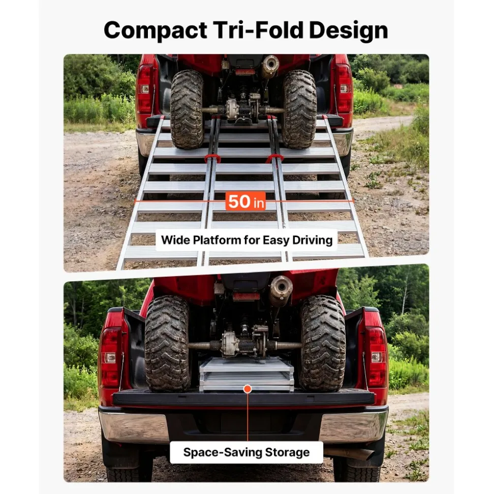 VEVOR Aluminum Trailer Ramps, 76 x 50 in Tri-Folding Truck Ramps with Straps & Non-Slip Rubber Fingers, 1500LBS Capacity ATV Loading Ramps for Pickup Trucks, Motorcycles, Lawn Mowers, Tractors, Carts
