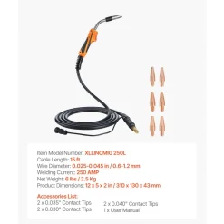 VEVOR 250A MIG Welding Gun with 15FT Cable, Replacement for Lincoln Magnum Pro 250L - with 7PCS Mig Welding Contact Tips