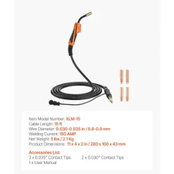 VEVOR 150A MIG Welding Gun with 15FT Cable, Replacement for Miller M-15/M-150 (249041) - with 5PCS Mig Welding Contact Tips