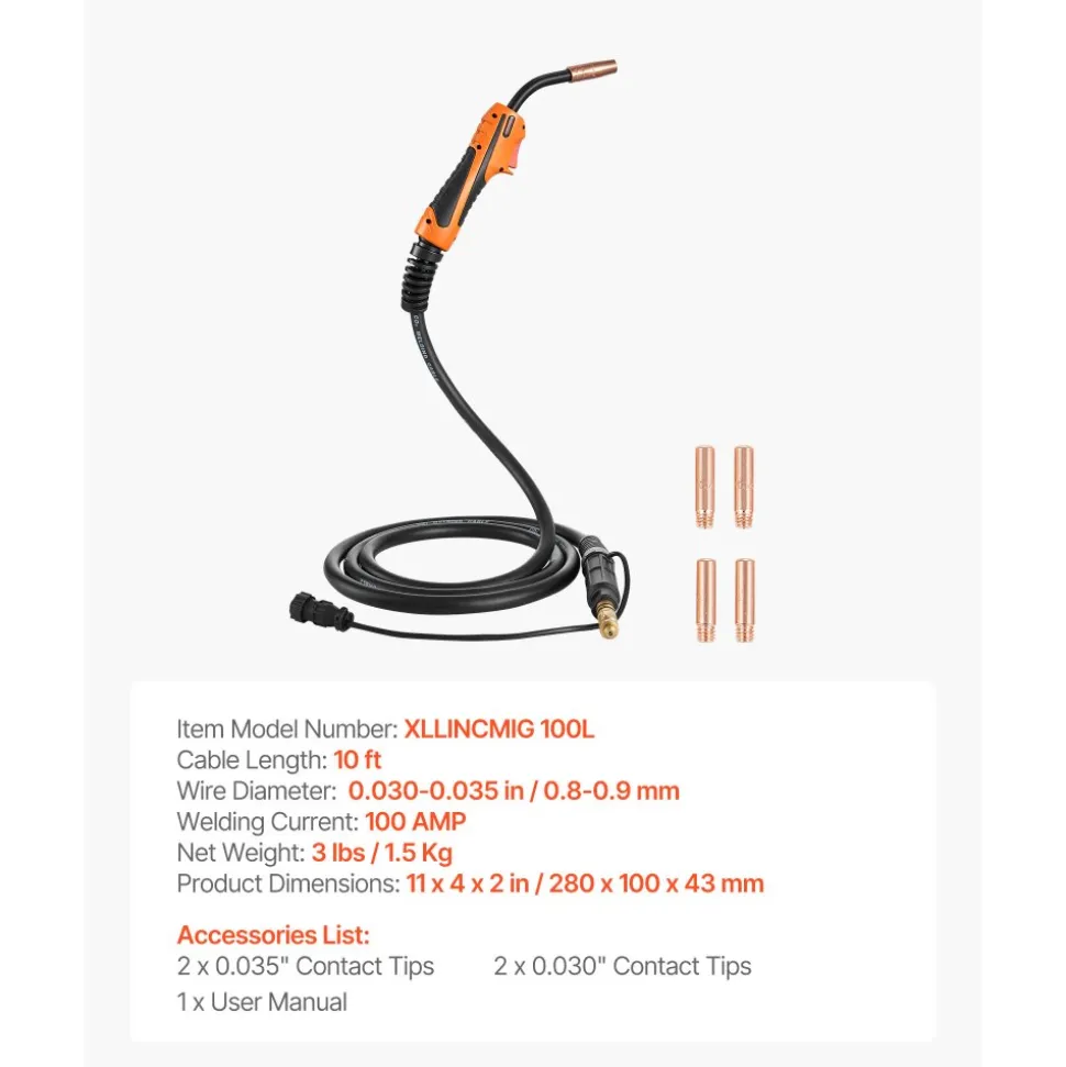 VEVOR 100A MIG Welding Gun with 10FT Cable, Replacement for Lincoln Magnum 100L (K530-6) - with 5PCS Mig Welding Contact Tips