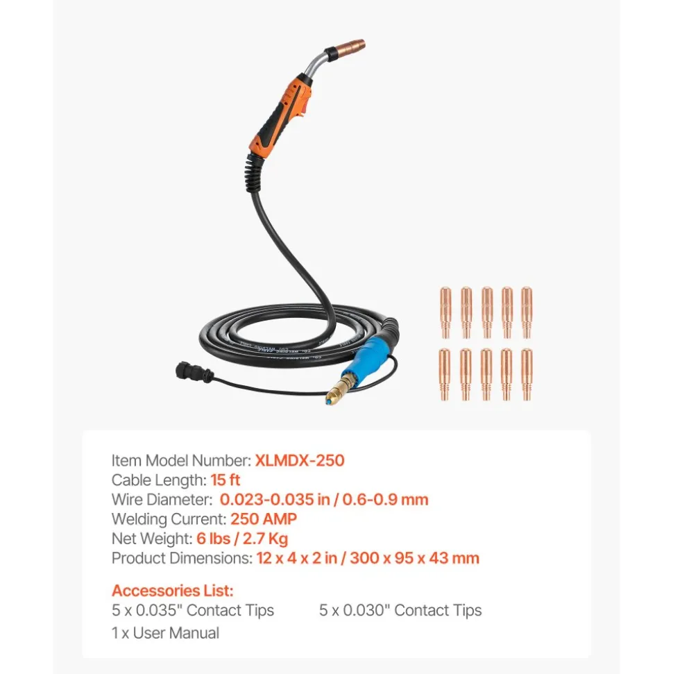 VEVOR 250A MIG Welding Gun with 15FT Cable, Replacement for Miller MDX-250 - with 11PCS Mig Welding Contact Tips