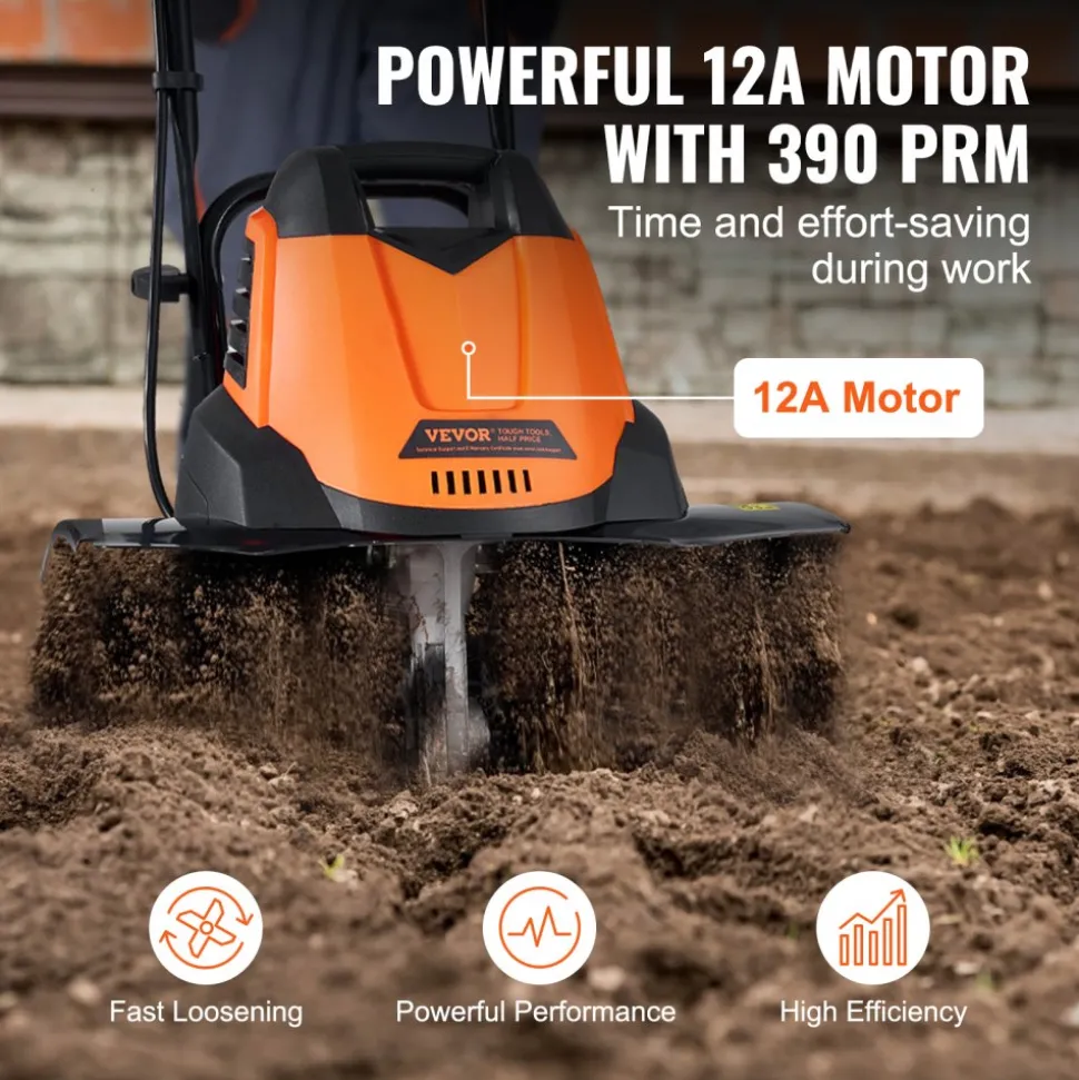 VEVOR 12 Amp Electric Tiller, 18" Tilling Width 3.94" Tilling Depth Corded Electric Tiller/Cultivator, Steel Mn Tines, Rototiller for Garden Lawn Soil Digging