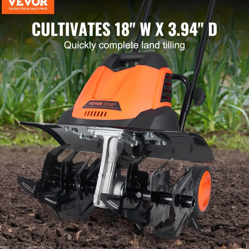 VEVOR 12 Amp Electric Tiller, 18" Tilling Width 3.94" Tilling Depth Corded Electric Tiller/Cultivator, Steel Mn Tines, Rototiller for Garden Lawn Soil Digging