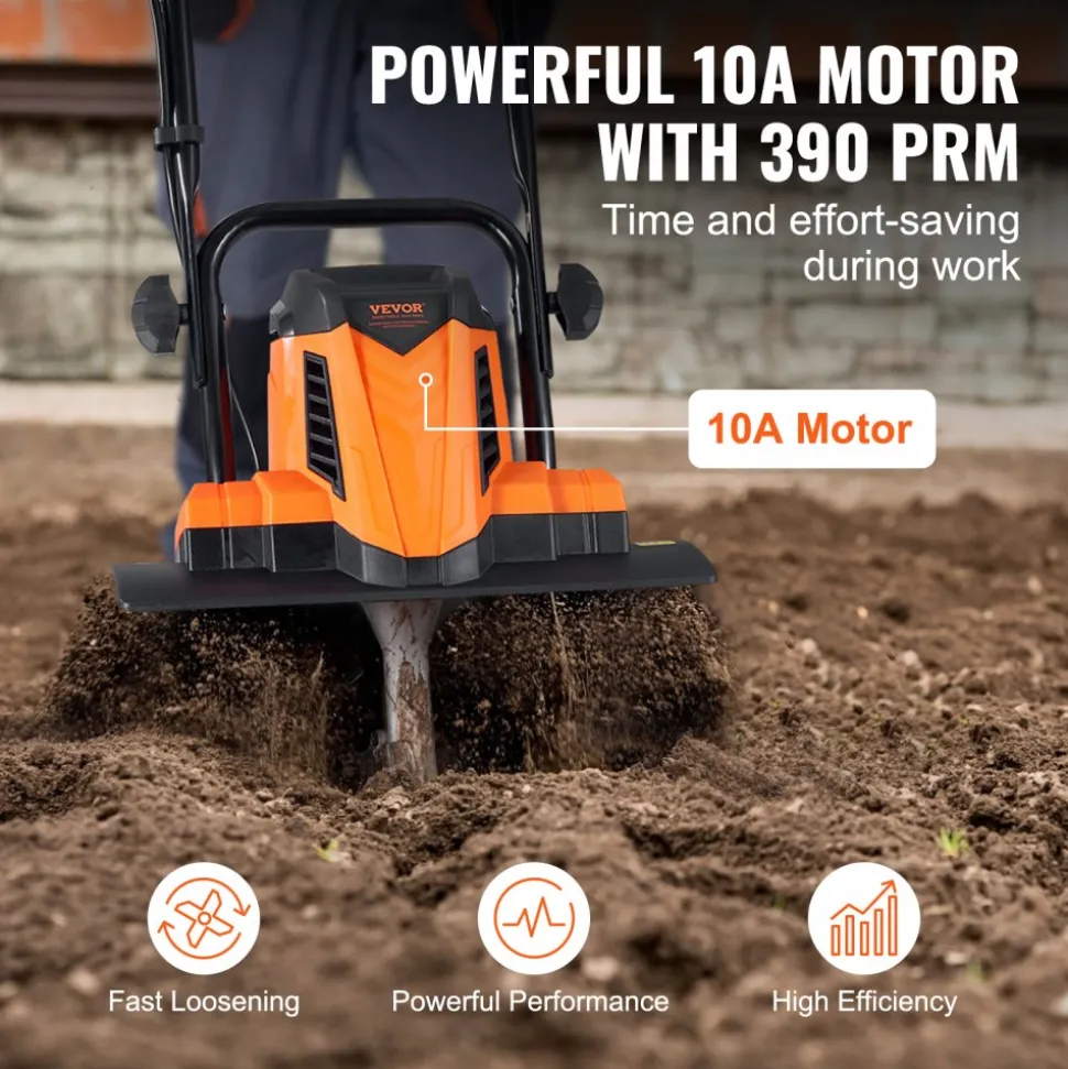 VEVOR 10 Amp Electric Tiller, 14" Tilling Width 3.94" Tilling Depth Corded Electric Tiller/Cultivator, Steel Mn Tines, Rototiller for Garden Lawn Soil Digging