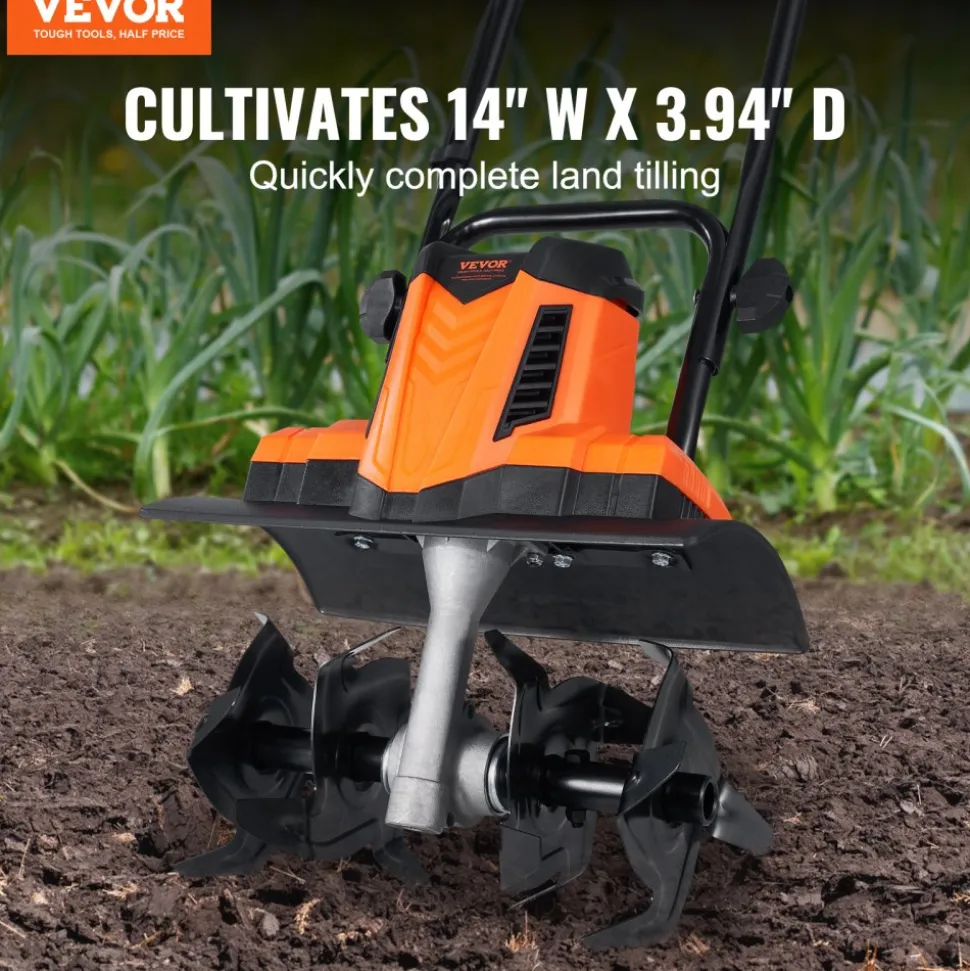 VEVOR 10 Amp Electric Tiller, 14" Tilling Width 3.94" Tilling Depth Corded Electric Tiller/Cultivator, Steel Mn Tines, Rototiller for Garden Lawn Soil Digging