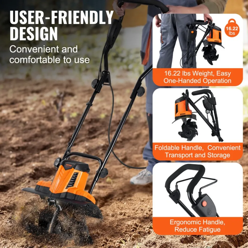 VEVOR 10 Amp Electric Tiller, 14" Tilling Width 3.94" Tilling Depth Corded Electric Tiller/Cultivator, Steel Mn Tines, Rototiller for Garden Lawn Soil Digging