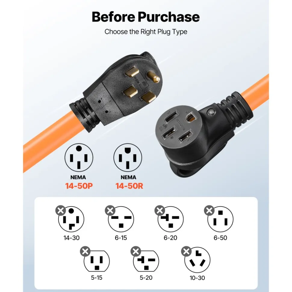 VEVOR 50 Amp 100 Feet RV Extension Cord, 125V/250V, Heavy Duty 6/3 + 8/1 Gauge STW RV Power Cord, NEMA 14-50P to NEMA 14-50R, with Power Indicator, Cord Organizer, 15A Adapter, for Camper Trailer