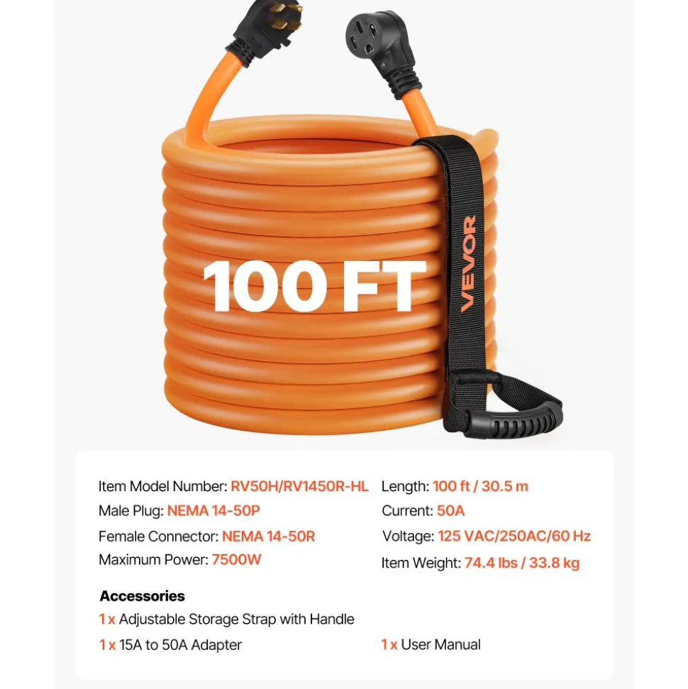 VEVOR 50 Amp 100 Feet RV Extension Cord, 125V/250V, Heavy Duty 6/3 + 8/1 Gauge STW RV Power Cord, NEMA 14-50P to NEMA 14-50R, with Power Indicator, Cord Organizer, 15A Adapter, for Camper Trailer