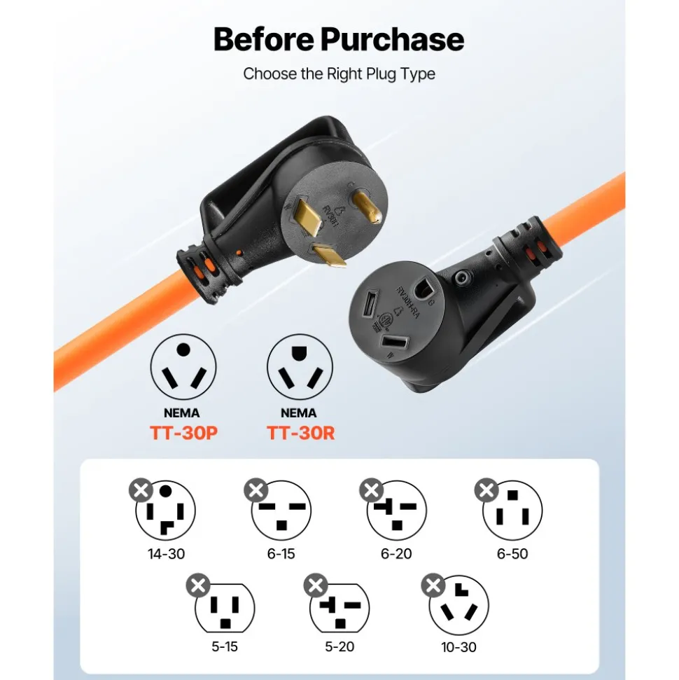 VEVOR 30 Amp 75 Feet RV Extension Cord, 125V 2500W, Heavy Duty 10/3 Gauge STW RV Power Cord, NEMA TT-30P to NEMA TT-30R, with Power Indicator, Cord Organizer, 15A Adapter, for Camper Travel Trailer