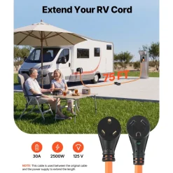 VEVOR 30 Amp 75 Feet RV Extension Cord, 125V 2500W, Heavy Duty 10/3 Gauge STW RV Power Cord, NEMA TT-30P to NEMA TT-30R, with Power Indicator, Cord Organizer, 15A Adapter, for Camper Travel Trailer