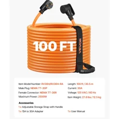 VEVOR 30 Amp 100 Feet RV Extension Cord, 125V 2500W, Heavy Duty 10/3 Gauge STW RV Power Cord, NEMA TT-30P to NEMA TT-30R, with Power Indicator, Cord Organizer, 15A Adapter, for Camper Travel Trailer