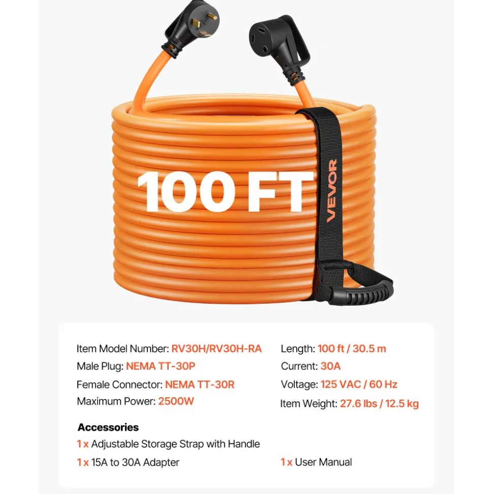 VEVOR 30 Amp 100 Feet RV Extension Cord, 125V 2500W, Heavy Duty 10/3 Gauge STW RV Power Cord, NEMA TT-30P to NEMA TT-30R, with Power Indicator, Cord Organizer, 15A Adapter, for Camper Travel Trailer