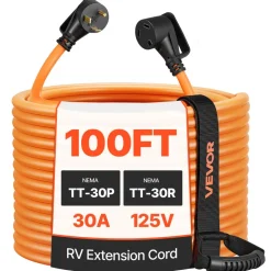 VEVOR 30 Amp 100 Feet RV Extension Cord, 125V 2500W, Heavy Duty 10/3 Gauge STW RV Power Cord, NEMA TT-30P to NEMA TT-30R, with Power Indicator, Cord Organizer, 15A Adapter, for Camper Travel Trailer