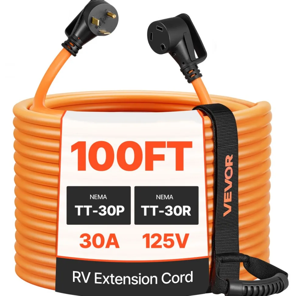 VEVOR 30 Amp 100 Feet RV Extension Cord, 125V 2500W, Heavy Duty 10/3 Gauge STW RV Power Cord, NEMA TT-30P to NEMA TT-30R, with Power Indicator, Cord Organizer, 15A Adapter, for Camper Travel Trailer