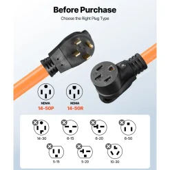VEVOR 50 Amp 75 Feet RV Extension Cord, 125V/250V 7500W, Heavy Duty 6/3 + 8/1 Gauge STW RV Power Cord, NEMA 14-50P to NEMA 14-50R, with Power Indicator, Cord Organizer, 15A Adapter, for Camper Trailer