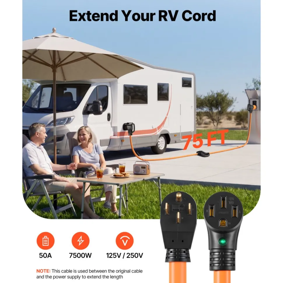 VEVOR 50 Amp 75 Feet RV Extension Cord, 125V/250V 7500W, Heavy Duty 6/3 + 8/1 Gauge STW RV Power Cord, NEMA 14-50P to NEMA 14-50R, with Power Indicator, Cord Organizer, 15A Adapter, for Camper Trailer