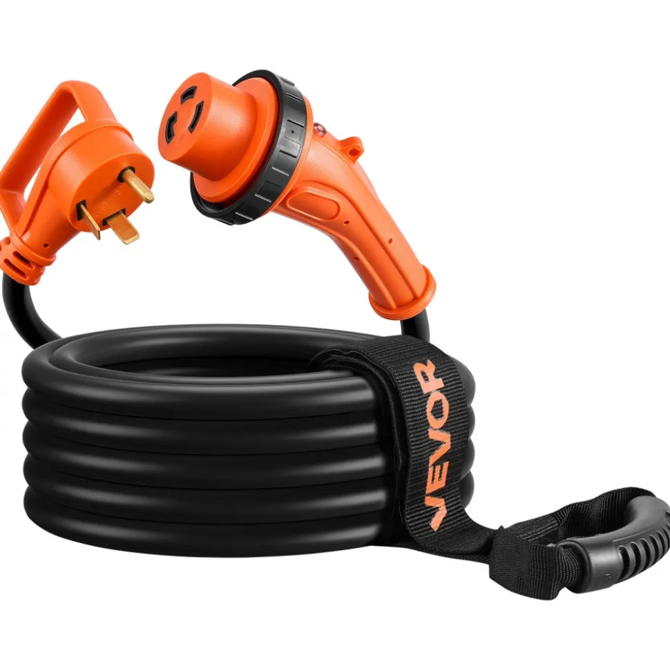 VEVOR 30 Amp 25 Feet RV Power Cord, 125V 3750W, Heavy Duty 10/3 Gauge STW Generator Cord, NEMA TT-30P to NEMA L5-30R, with Twist Lock, Indicator Light, Grip Handle, 15A Adapter, for RV Trailer, Black
