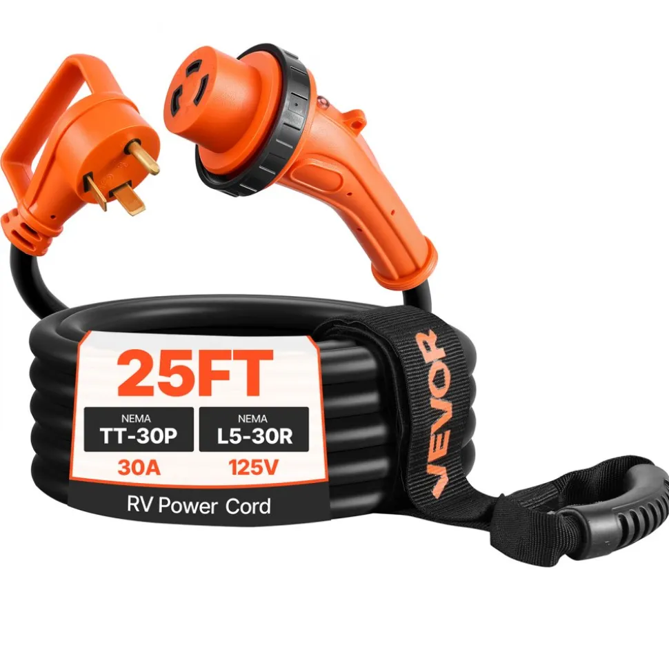 VEVOR 30 Amp 25 Feet RV Power Cord, 125V 3750W, Heavy Duty 10/3 Gauge STW Generator Cord, NEMA TT-30P to NEMA L5-30R, with Twist Lock, Indicator Light, Grip Handle, 15A Adapter, for RV Trailer, Black