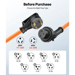 VEVOR 30 Amp 25 Feet RV Power Cord, 125V 3750W, Heavy Duty 10/3 Gauge STW Generator Cord, NEMA TT-30P to NEMA L5-30R, with Twist Lock, Indicator Light, Grip Handle, 15A Adapter, for RV Trailer, Orange