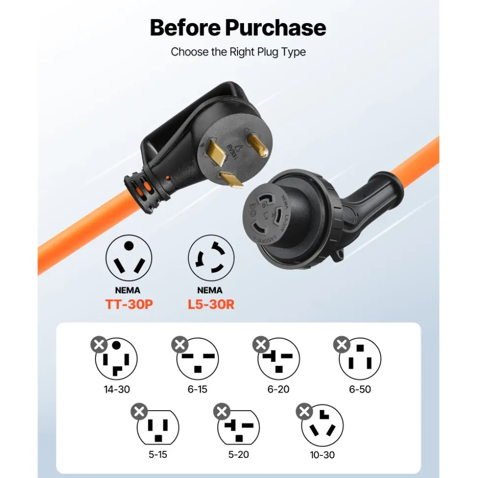 VEVOR 30 Amp 25 Feet RV Power Cord, 125V 3750W, Heavy Duty 10/3 Gauge STW Generator Cord, NEMA TT-30P to NEMA L5-30R, with Twist Lock, Indicator Light, Grip Handle, 15A Adapter, for RV Trailer, Orange
