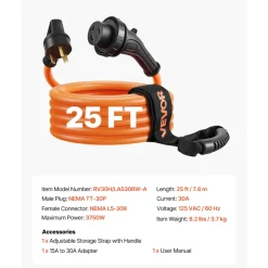VEVOR 30 Amp 25 Feet RV Power Cord, 125V 3750W, Heavy Duty 10/3 Gauge STW Generator Cord, NEMA TT-30P to NEMA L5-30R, with Twist Lock, Indicator Light, Grip Handle, 15A Adapter, for RV Trailer, Orange